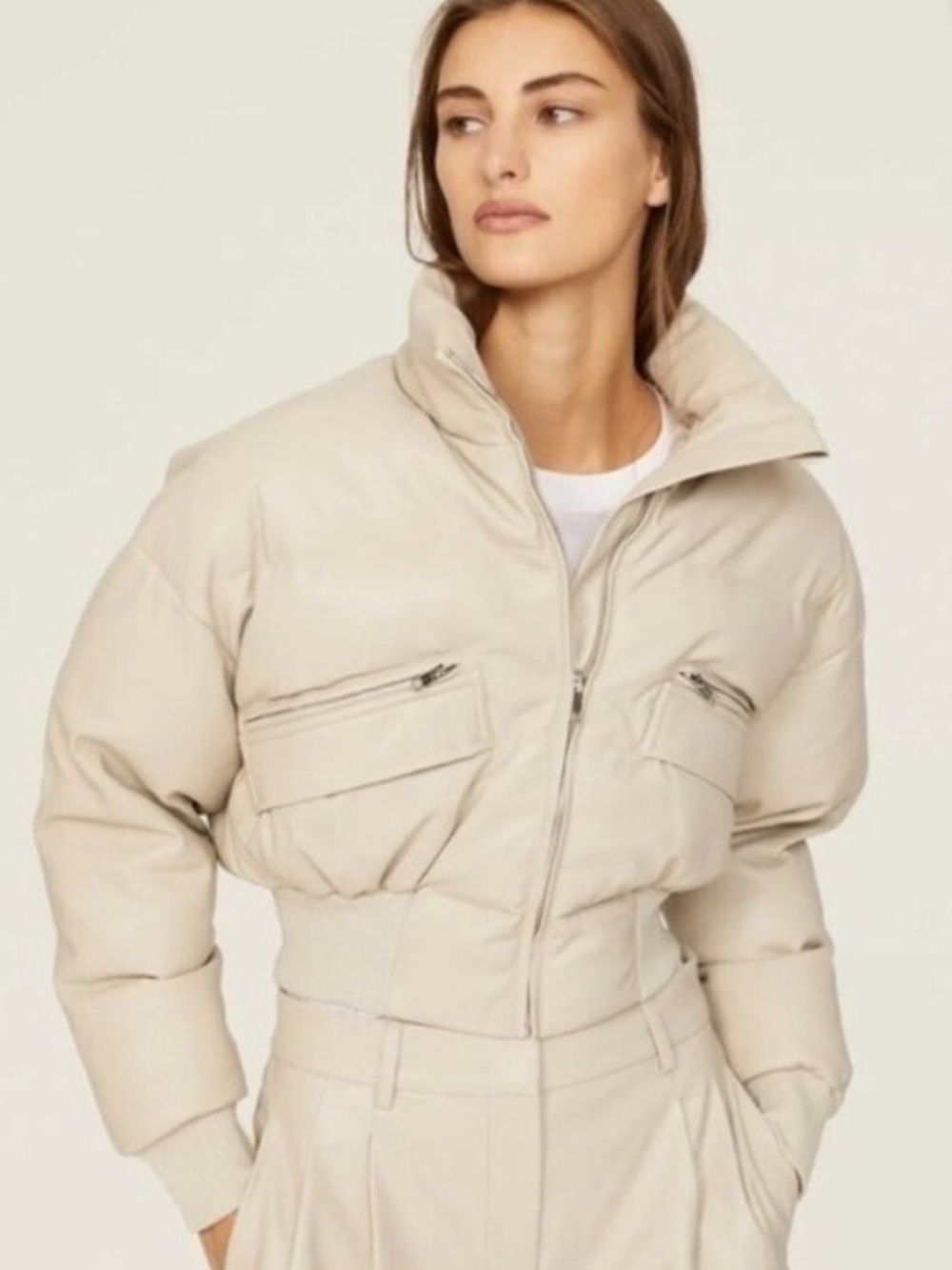 Saunders Collective Faux Leather Cream Puffer Jacket size medium